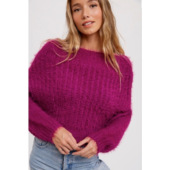 SOLD OUT Orchid Fuzzy Dolman Off Shoulder Pullover Knit Winter Casual Sweater - Picture 2 of 5